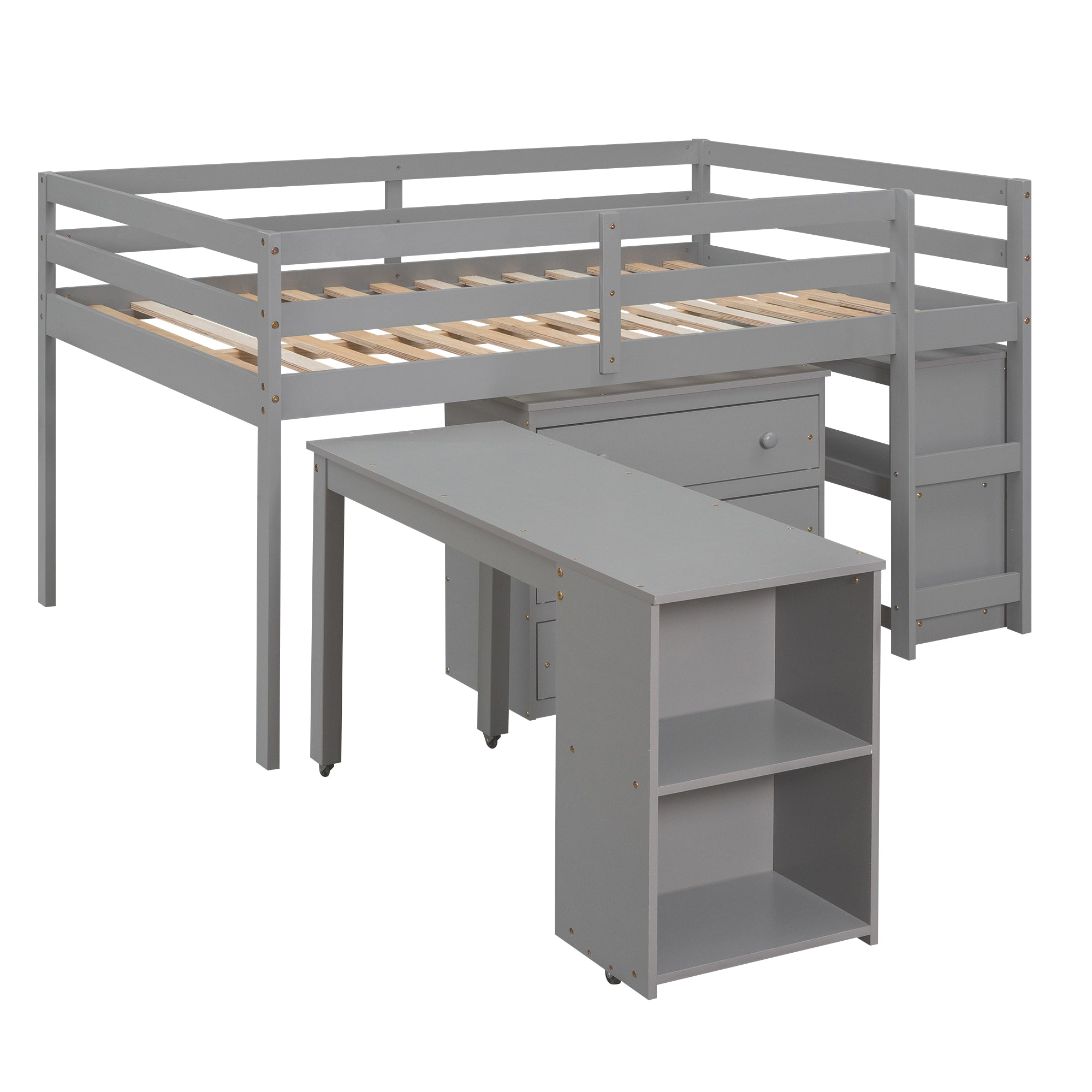 Low Study Full Loft Bed w/ Cabinet Shelves & Desk (Gray)