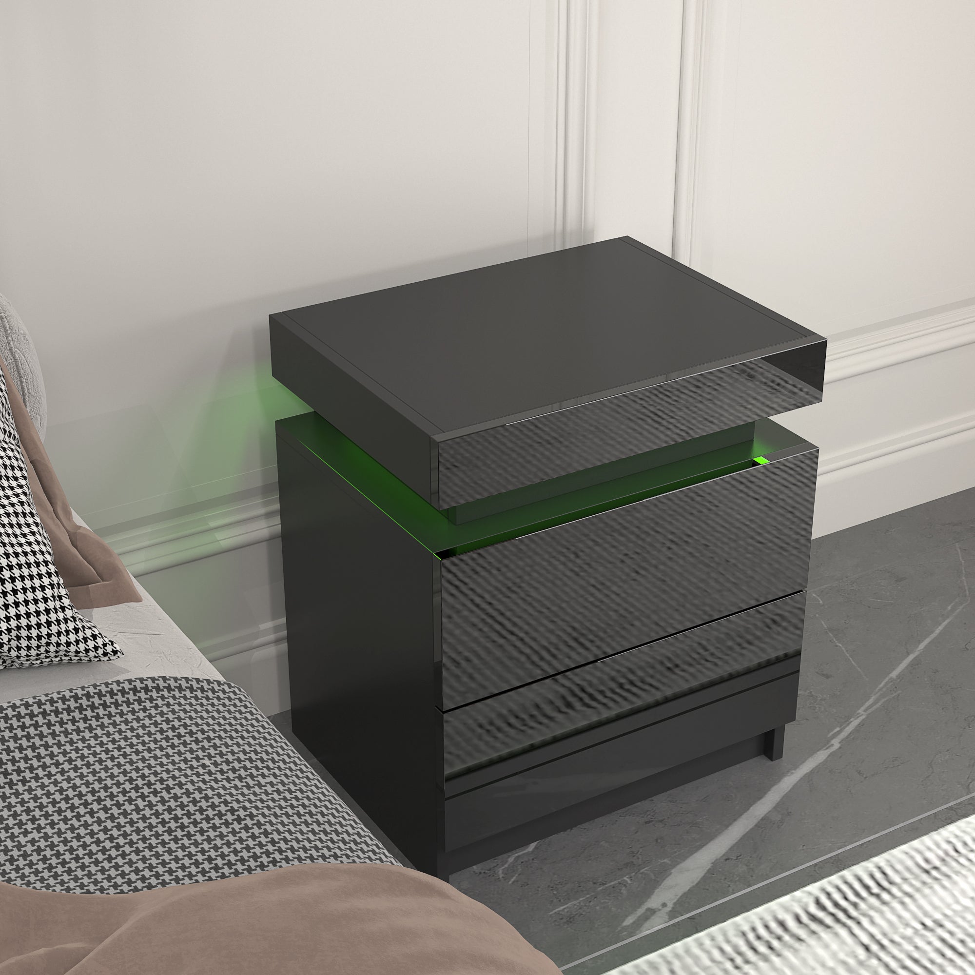 Modern LED Nightstand w/ 2 Drawers (Black)