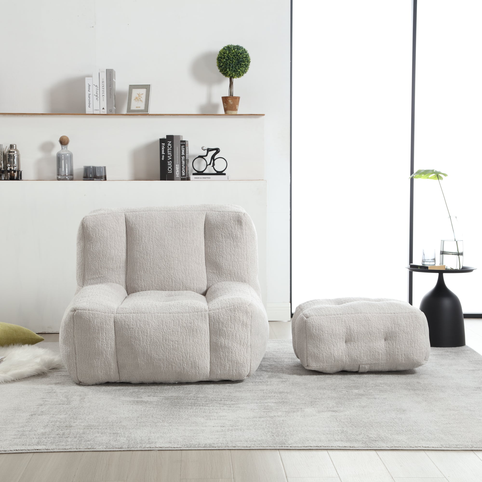 Fluffy Bean Bag Chair & Footstool w/ Memory Foam (Gray)