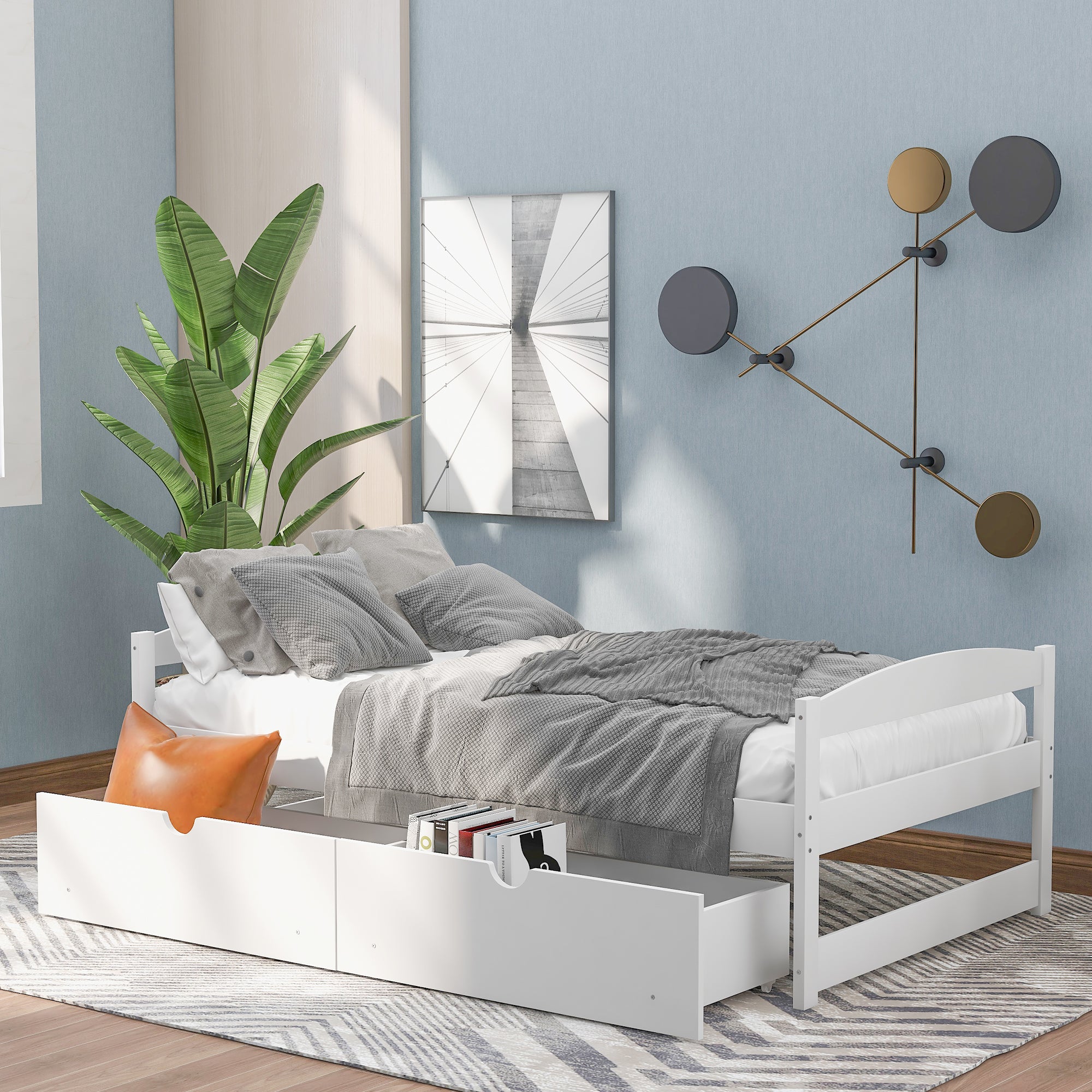 Twin size platform bed w/ two drawers (White)