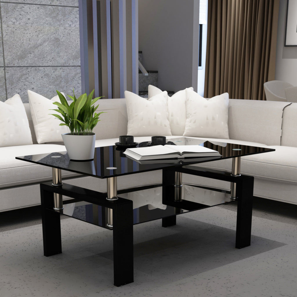 Modern 2-Layer Rectangle Black Glass Coffee Table