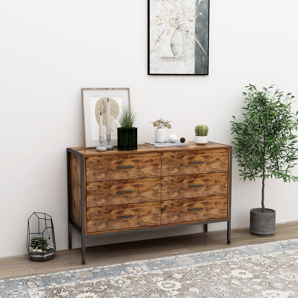 Rustic 6 Drawer Wooden Dresser (Brown)
