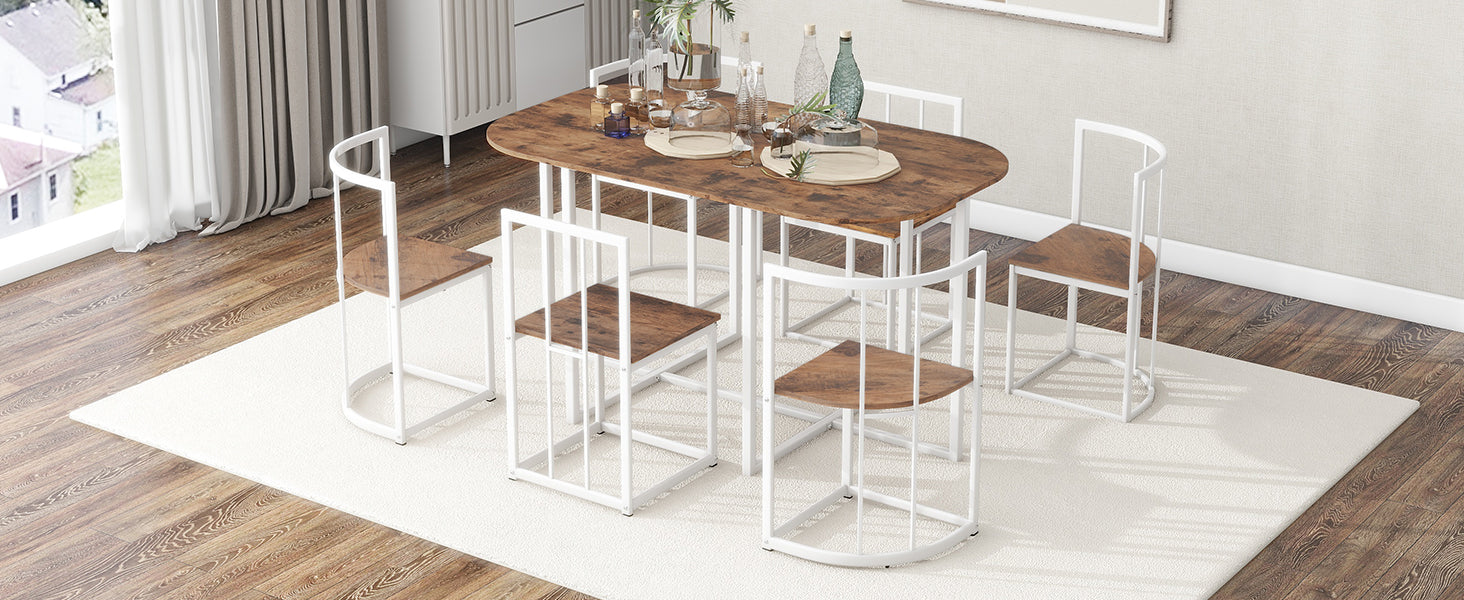 Modern 7-Piece Dining Table Set with Faux Marble (White/Cherry)