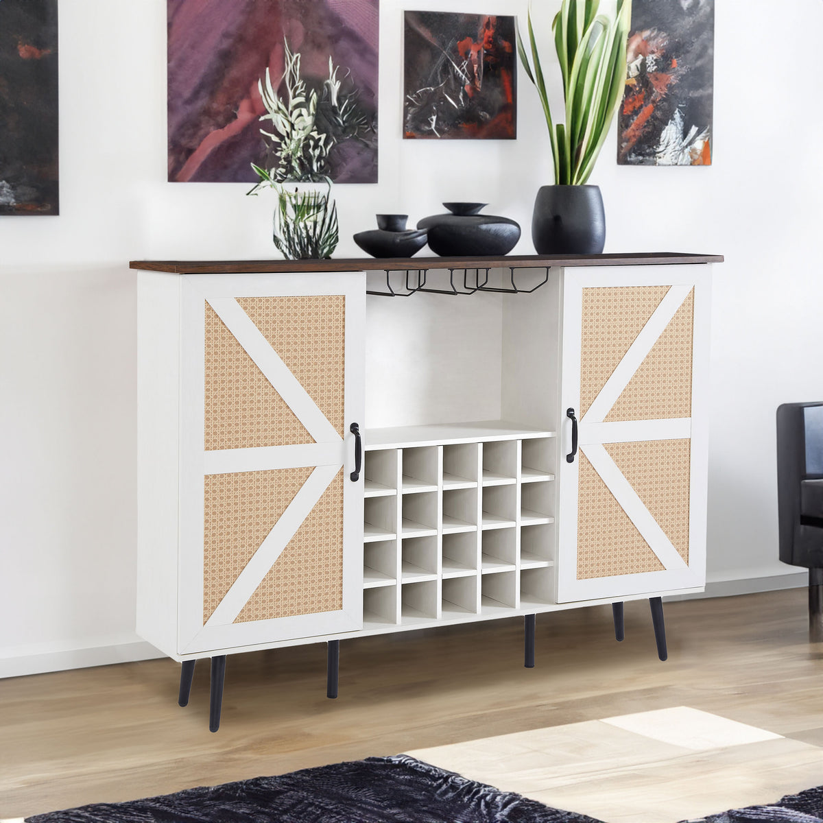 White Faux Rattan Barn Door Wine Cabinet W/ Wine Rack and Wine Glass Rack