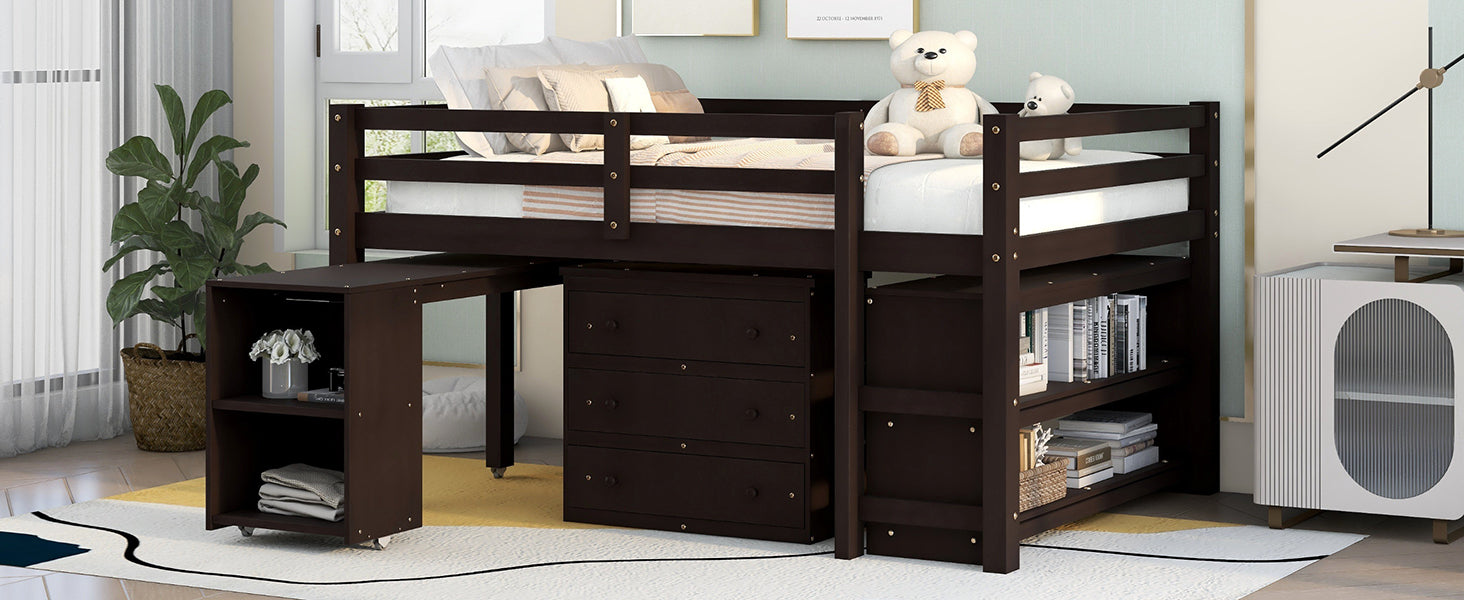 Low Study Full Loft Bed w/ Cabinet Shelves & Desk (Espresso)