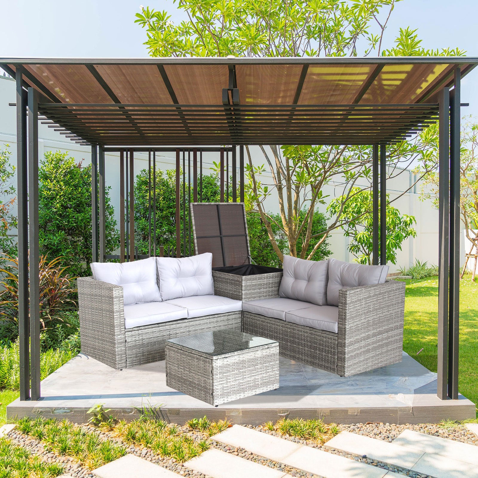 4 Piece Sectional, Wicker Rattan Outdoor Patio Furniture (Gray)