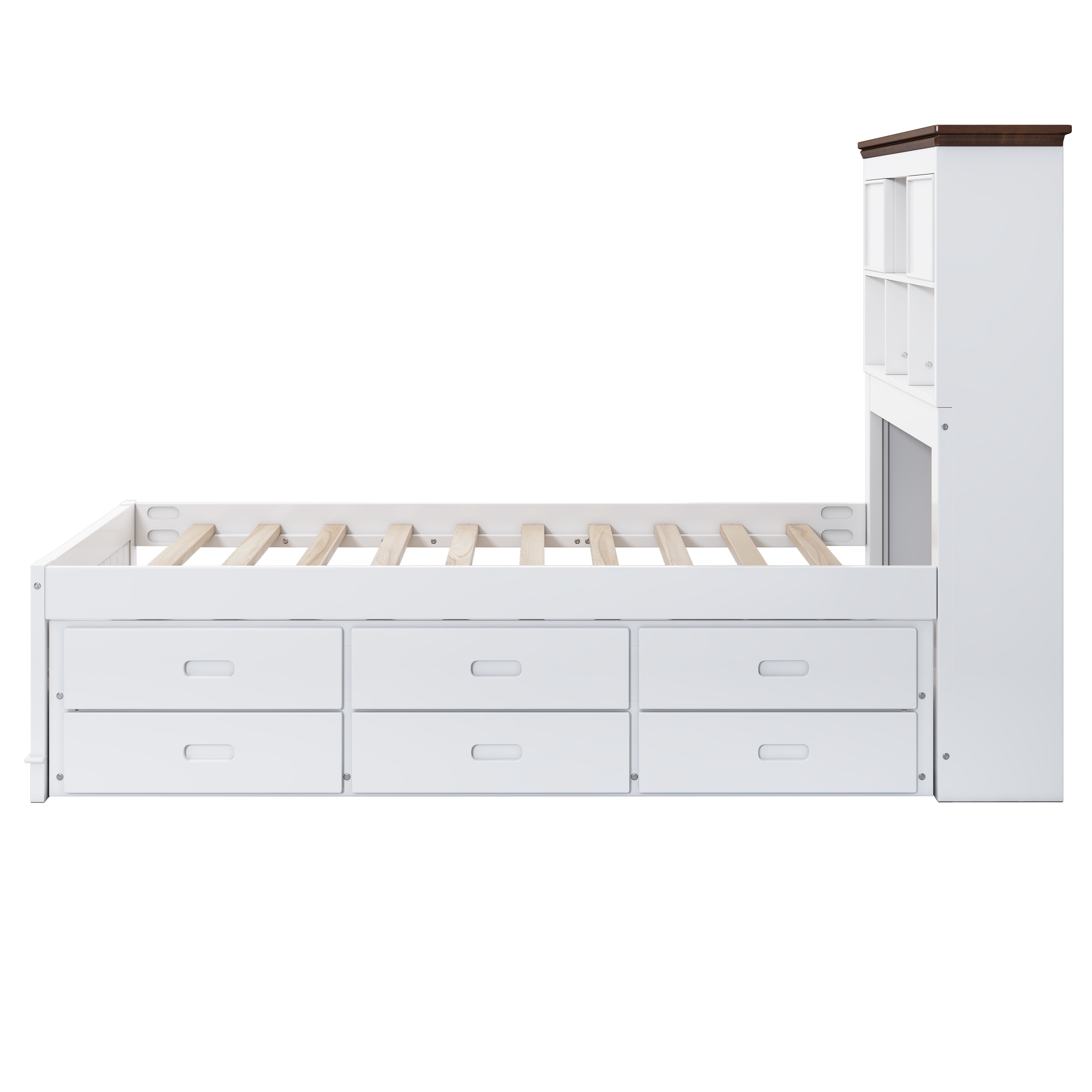 Solid Pine Twin Captain Bookcase Bed w/ Trundle Bed & 3 Drawers in Casual (White+Walnut)