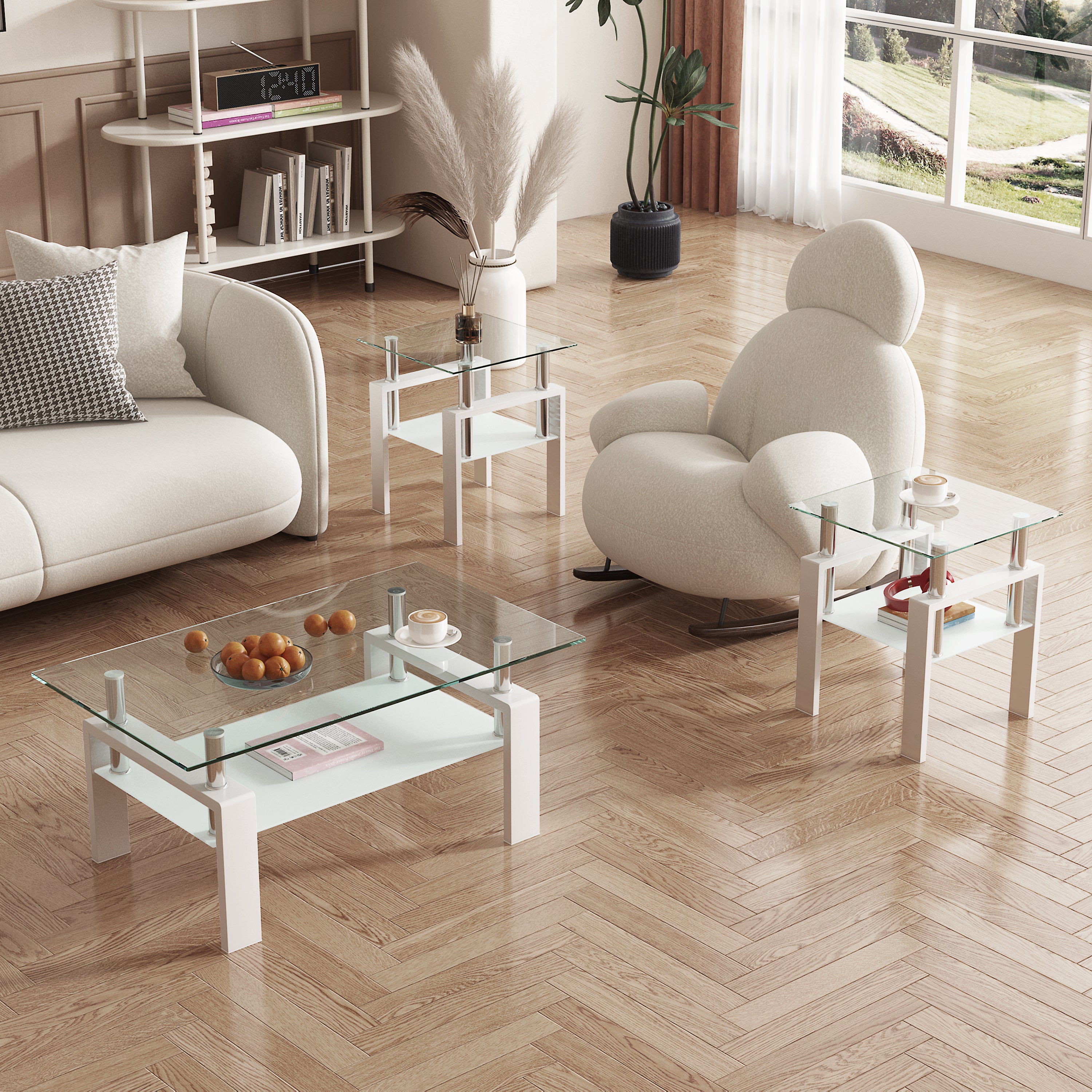 Set of 2, Modern Tempered Glass Coffee Table (White)