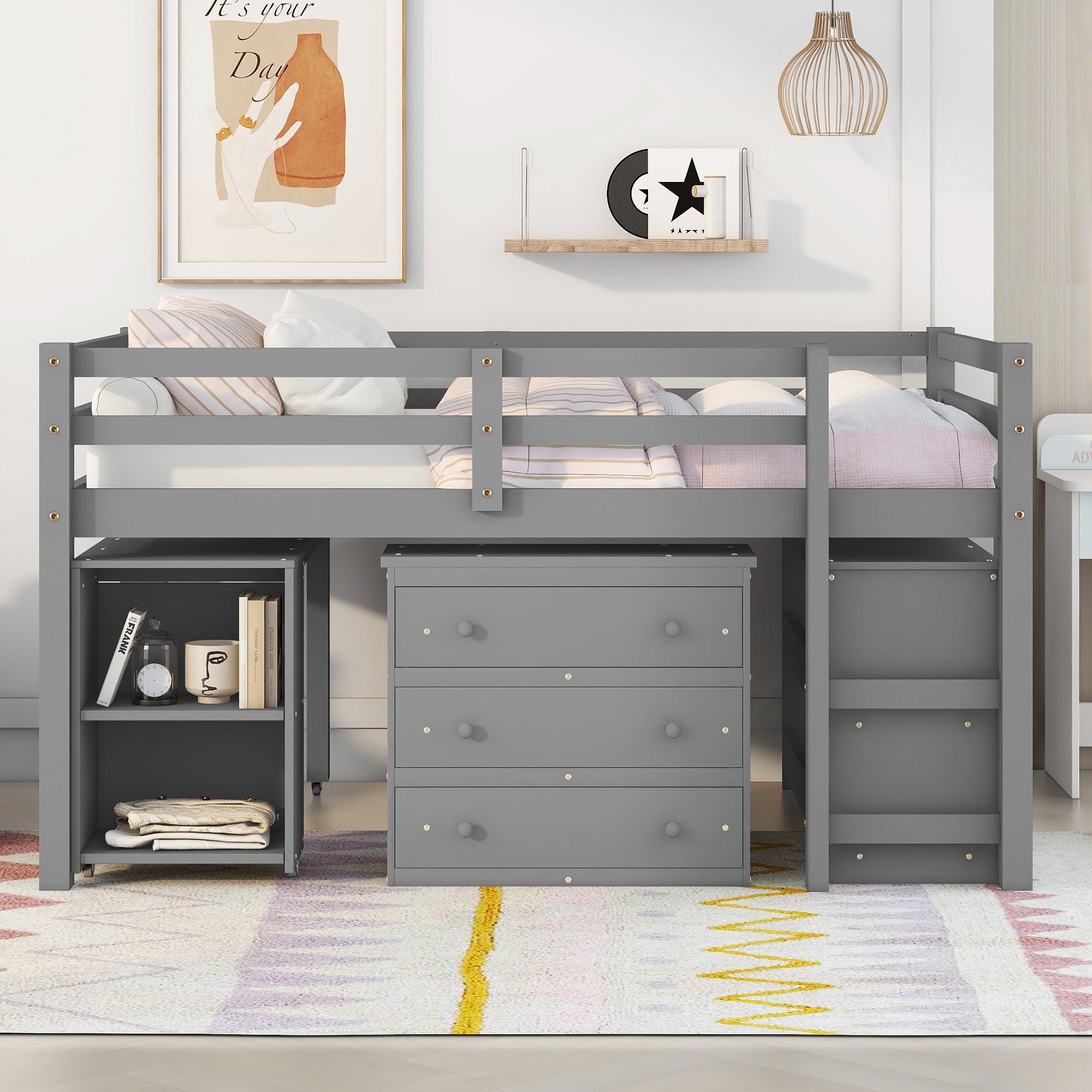 Low Study Full Loft Bed w/ Cabinet Shelves & Desk (Gray)