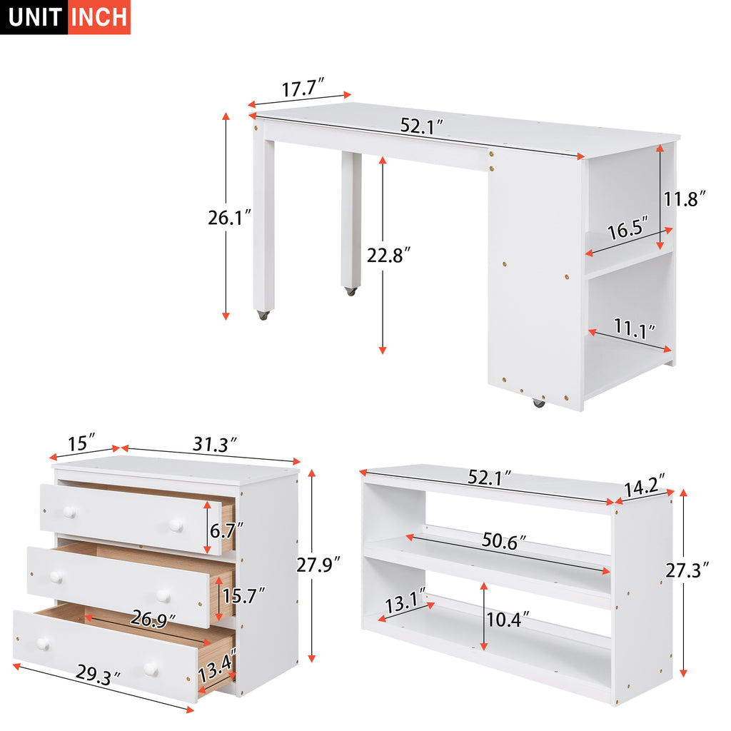 Low Study Full Loft Bed w/ Cabinet Shelves & Desk (White)