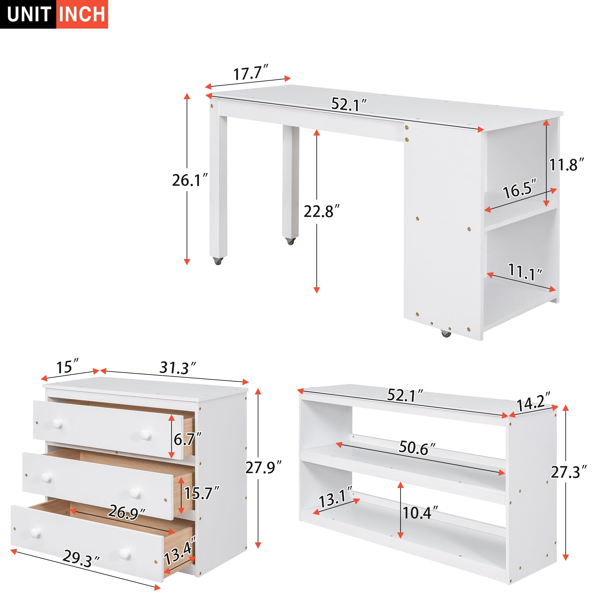 Low Study Full Loft Bed w/ Cabinet Shelves & Desk (White)