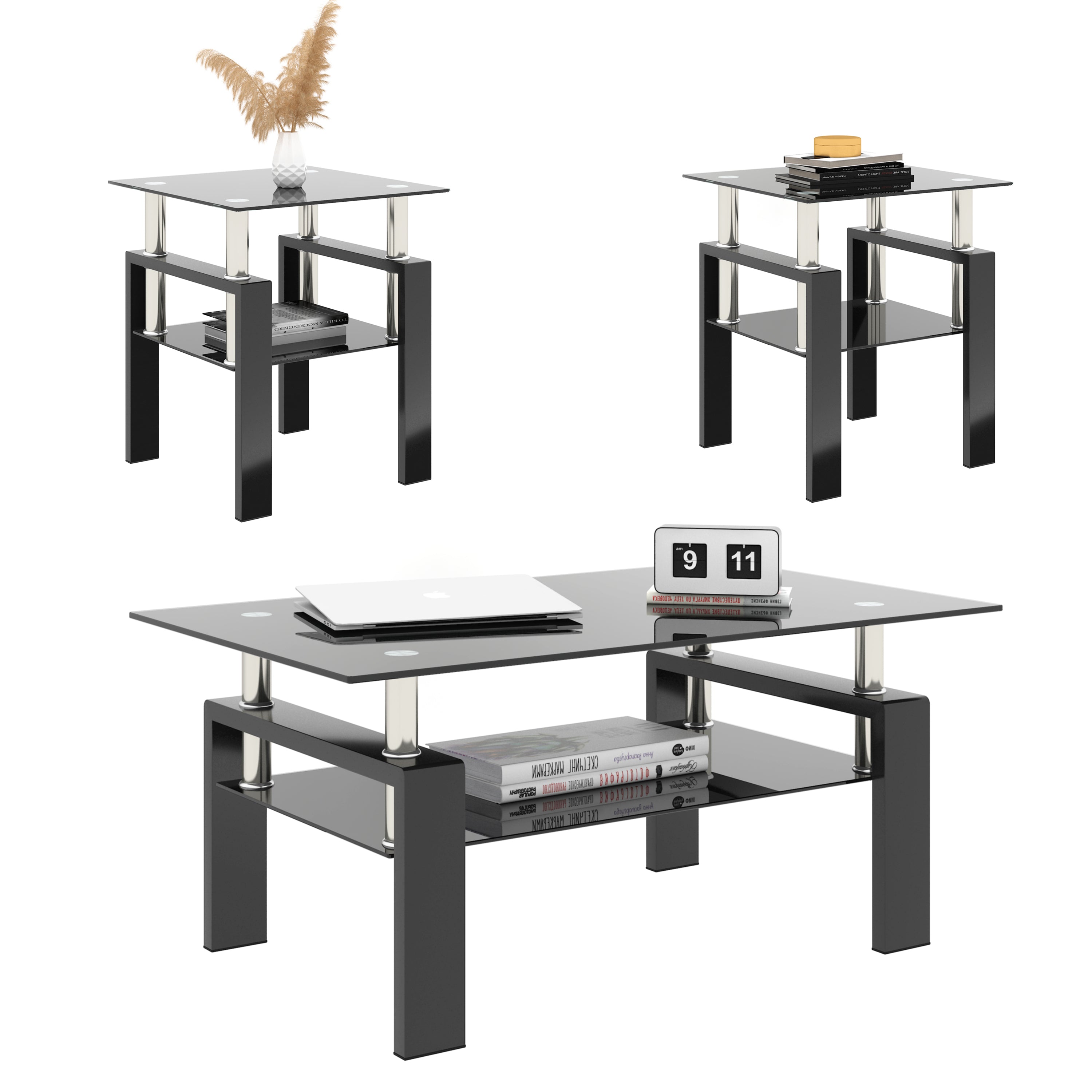 Set of 2, Modern Tempered Glass Coffee Table (Black)