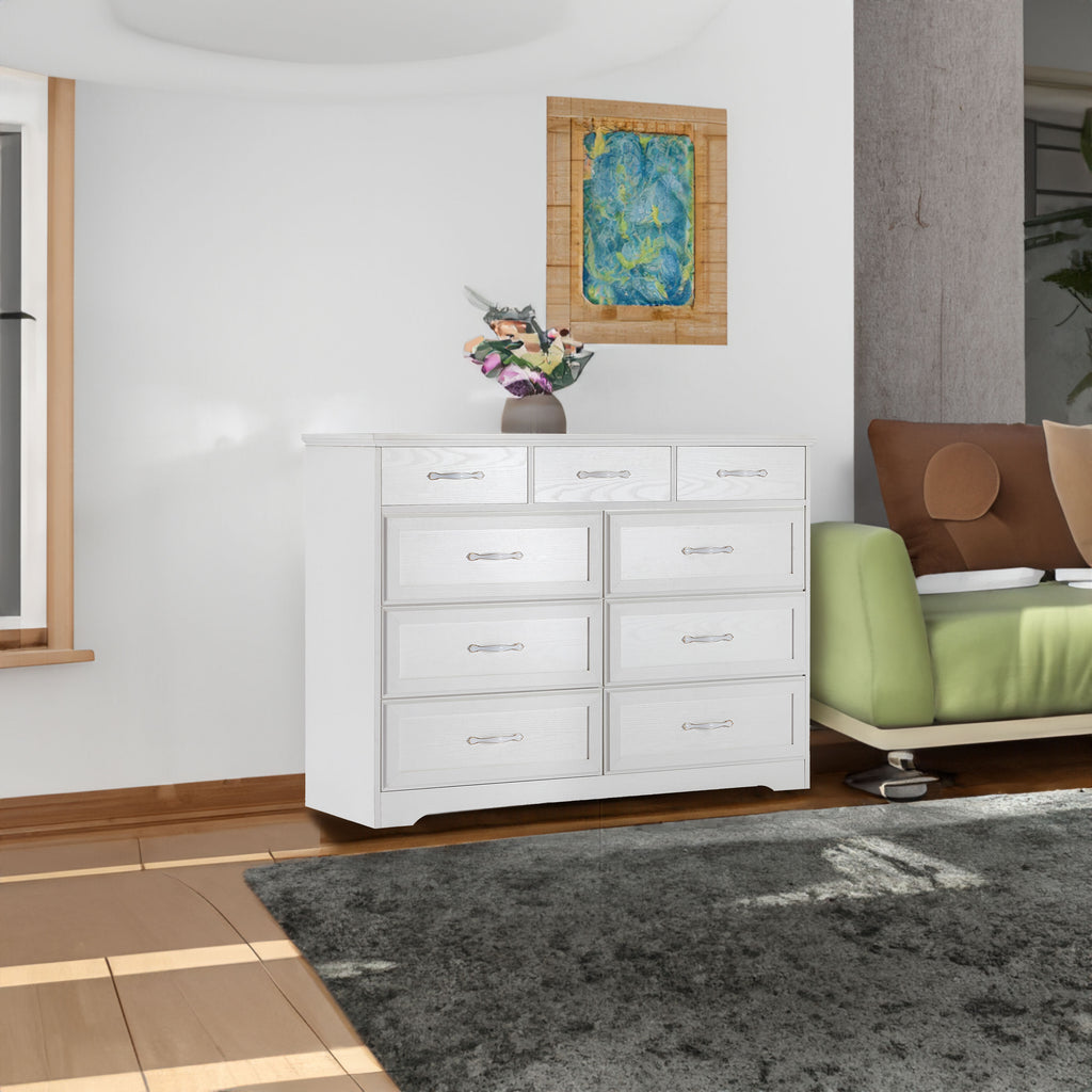 9 Drawer Dresser w/ Antique Handles (White)