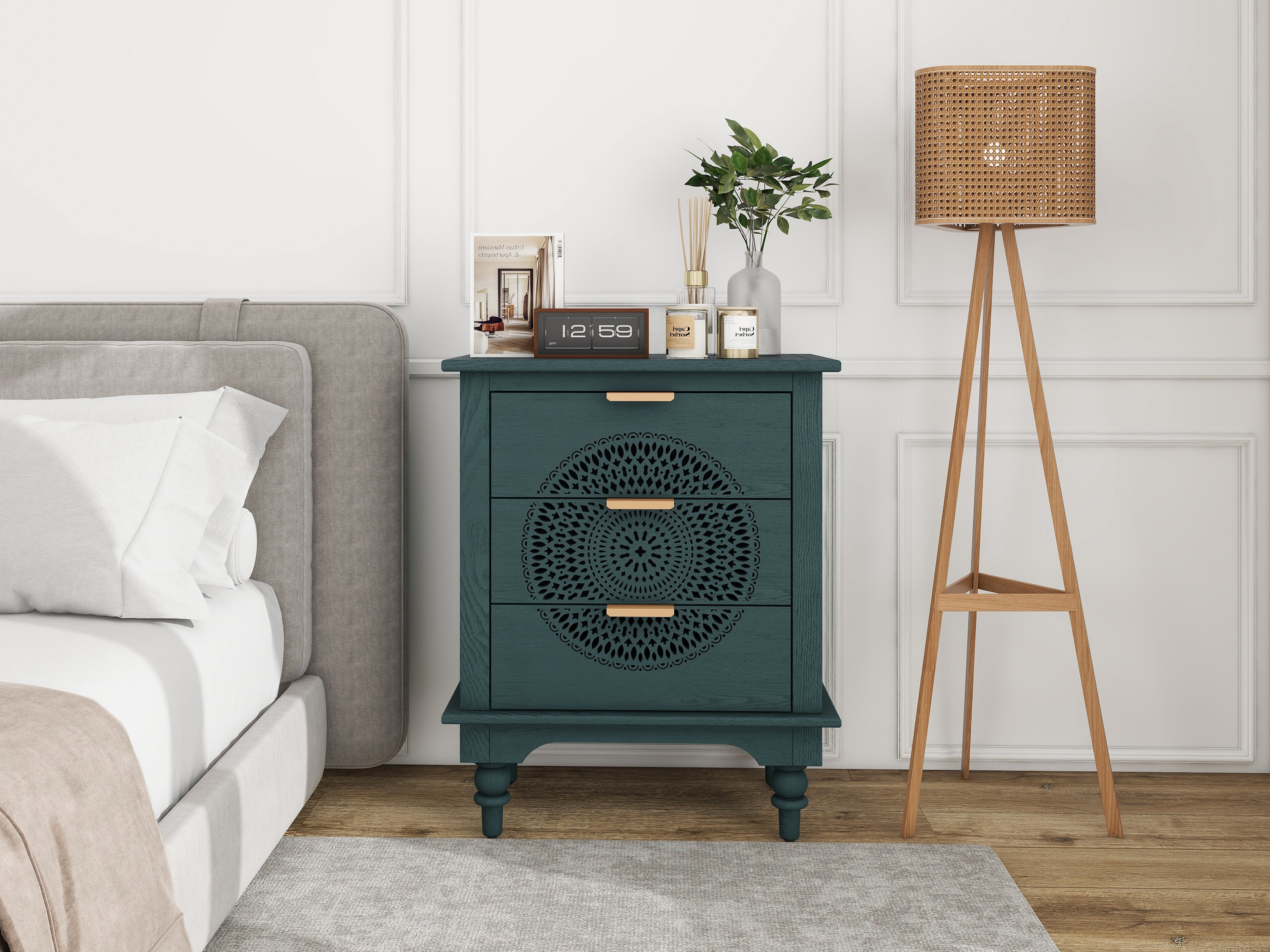 Hollow-Carved 3 Drawer Dresser Chest (Blackish Green)