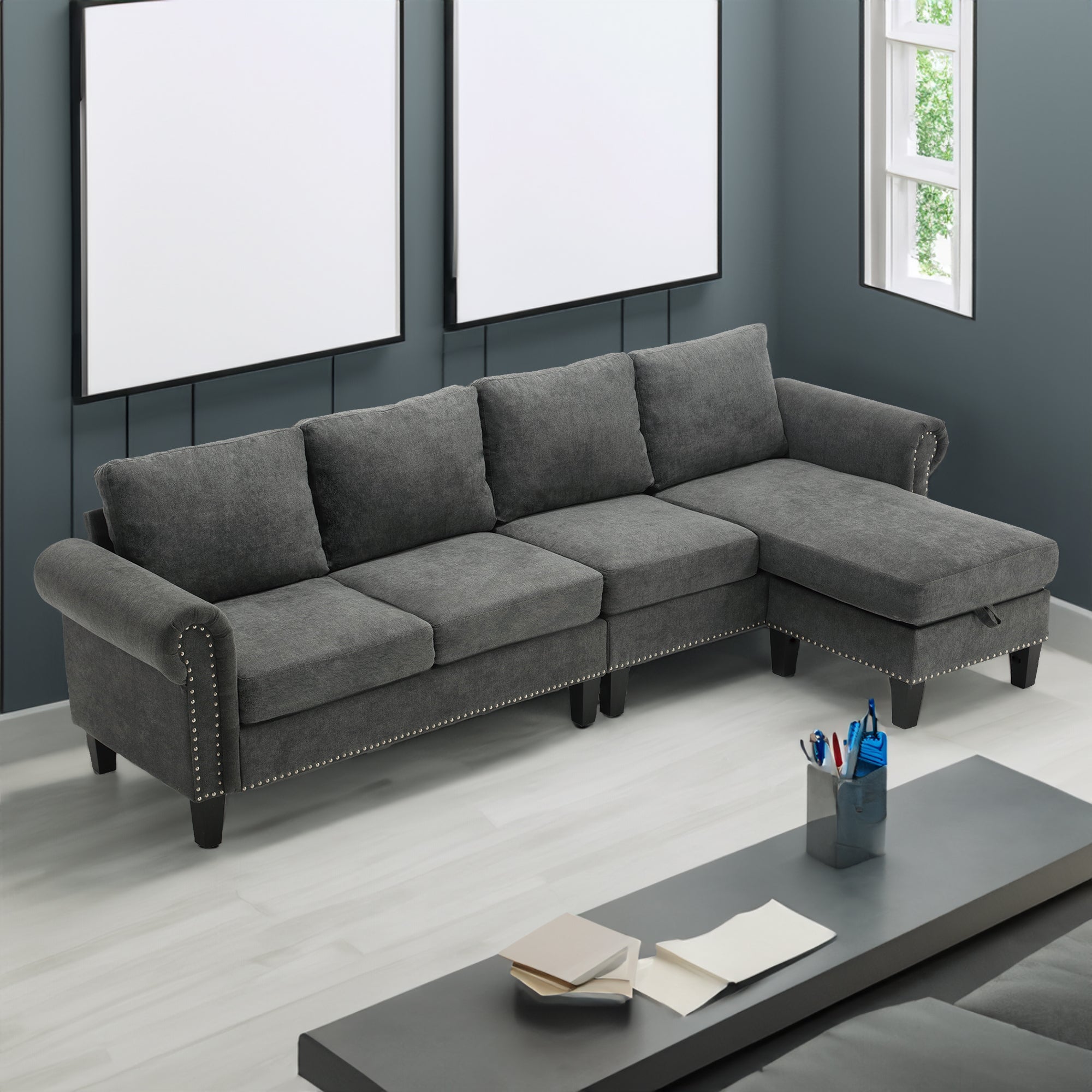 Convertible L-Sectional Sofa with Storage (Gray)