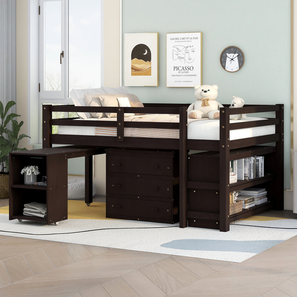 Low Study Full Loft Bed w/ Cabinet Shelves & Desk (Espresso)