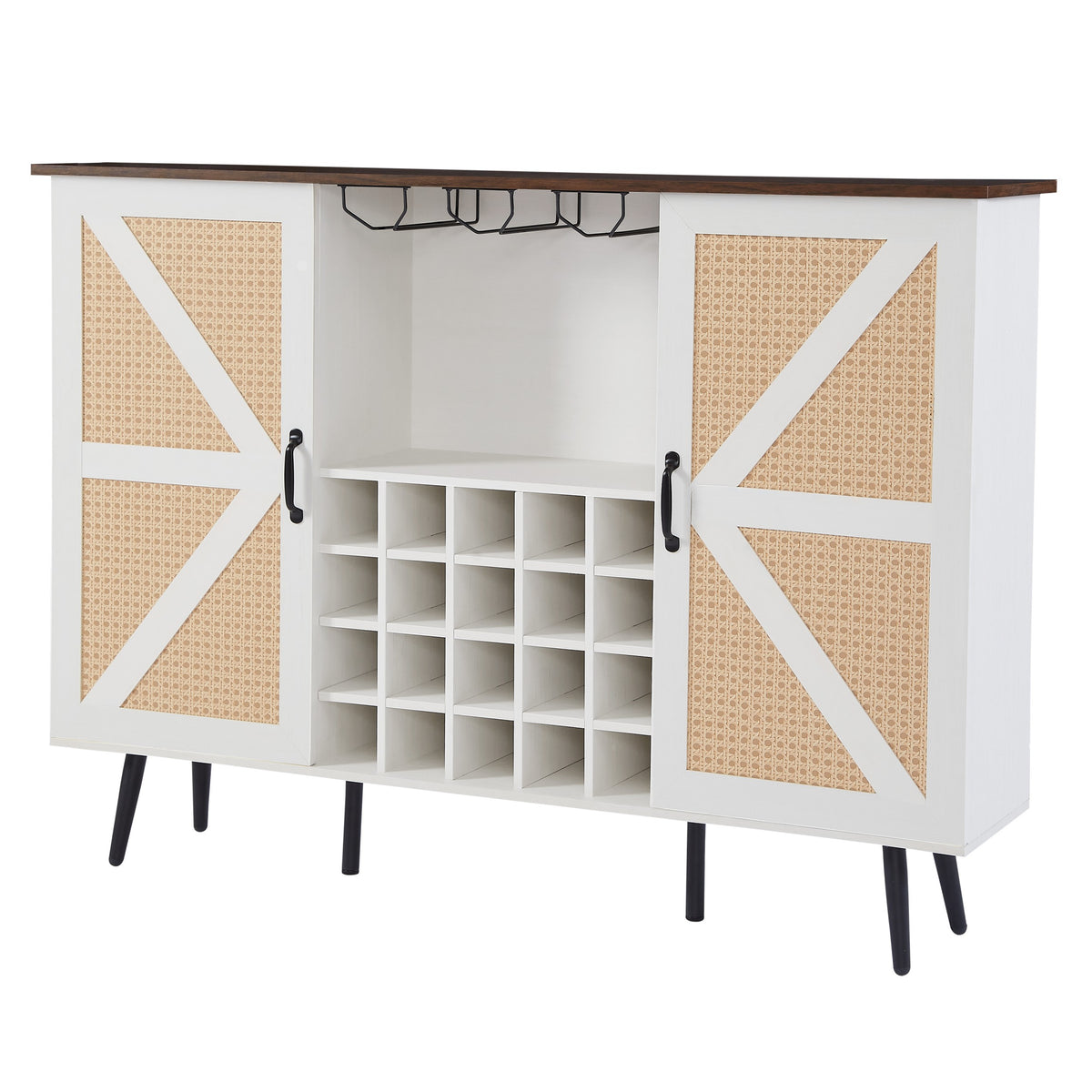 White Faux Rattan Barn Door Wine Cabinet W/ Wine Rack and Wine Glass Rack