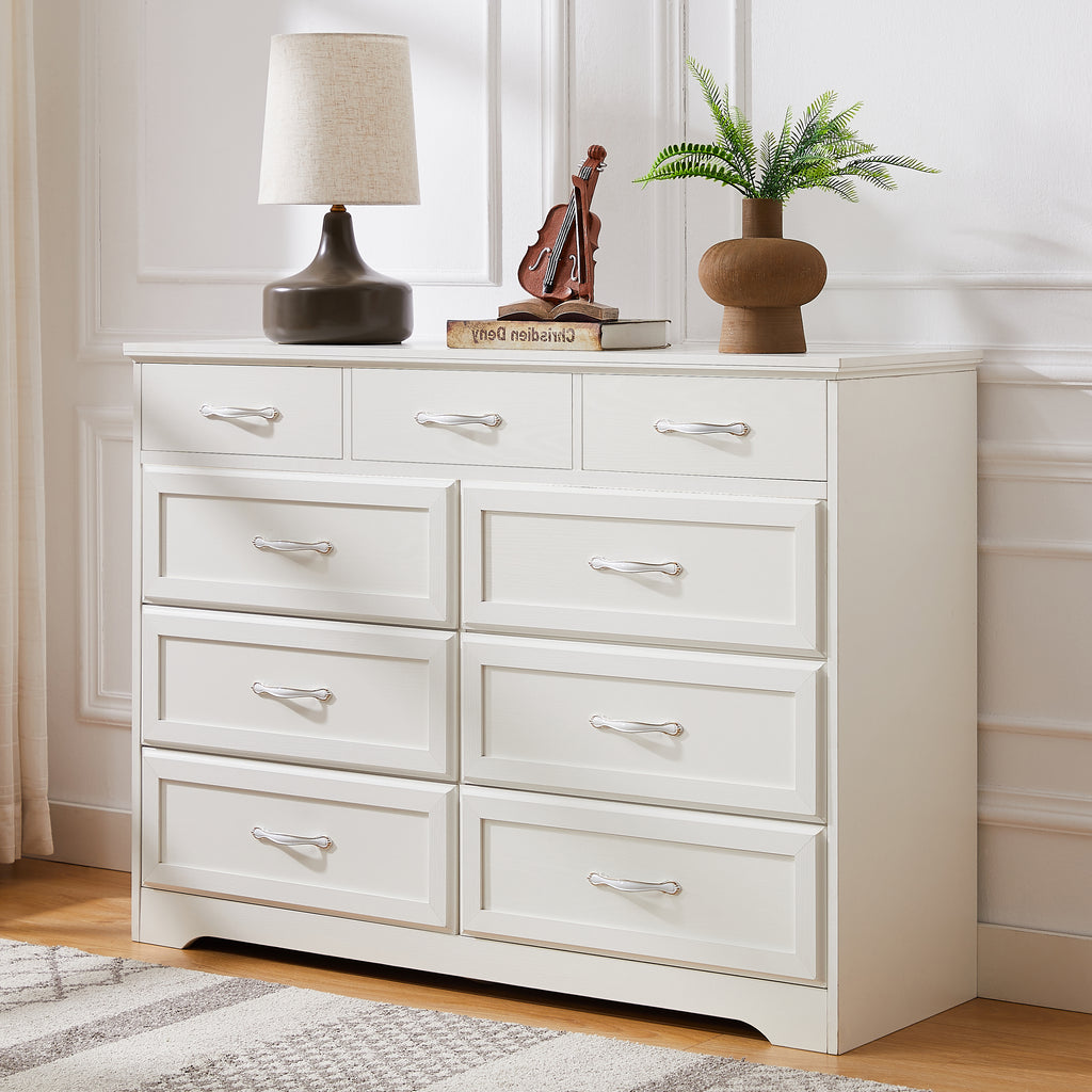 9 Drawer Dresser w/ Antique Handles (White)