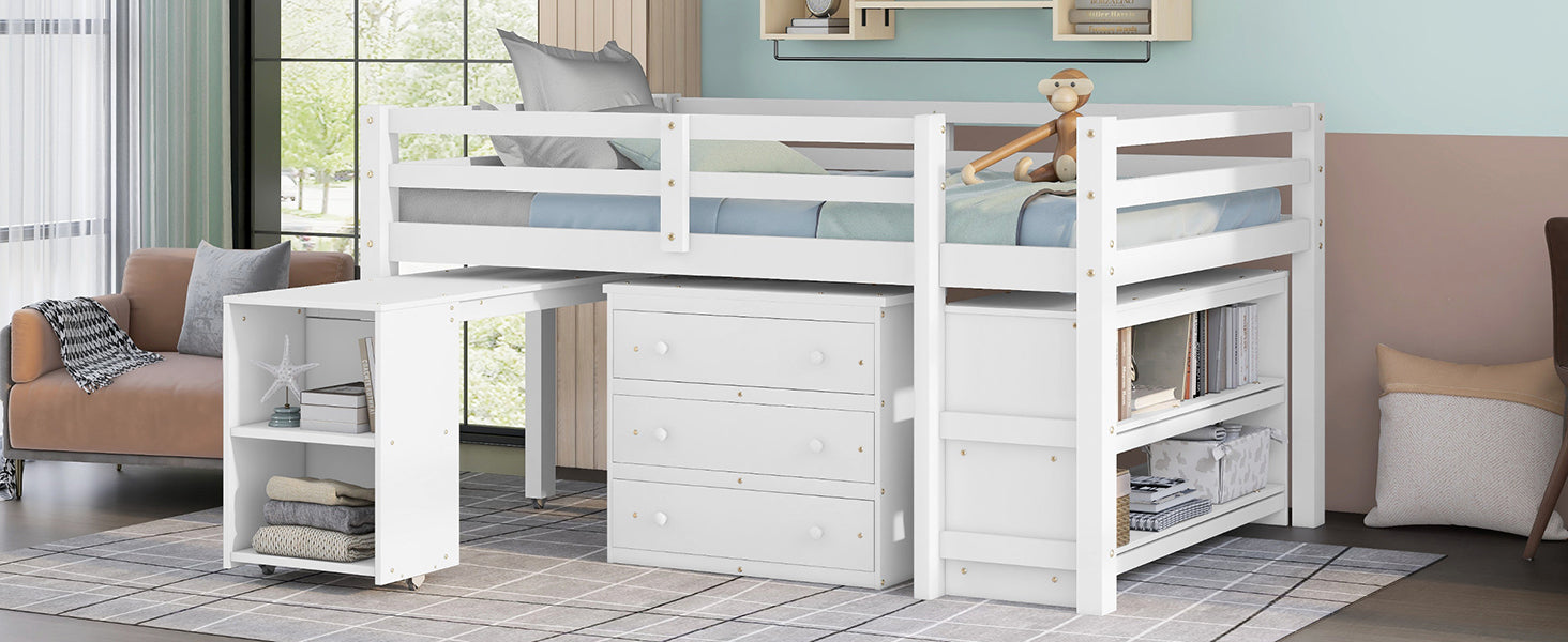 Low Study Full Loft Bed w/ Cabinet Shelves & Desk (White)