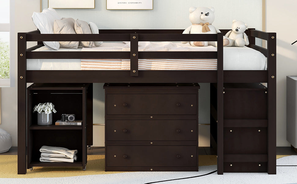 Low Study Full Loft Bed w/ Cabinet Shelves & Desk (Espresso)
