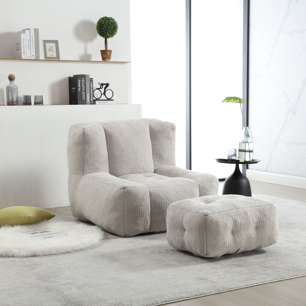 Fluffy Bean Bag Chair & Footstool w/ Memory Foam (Gray)
