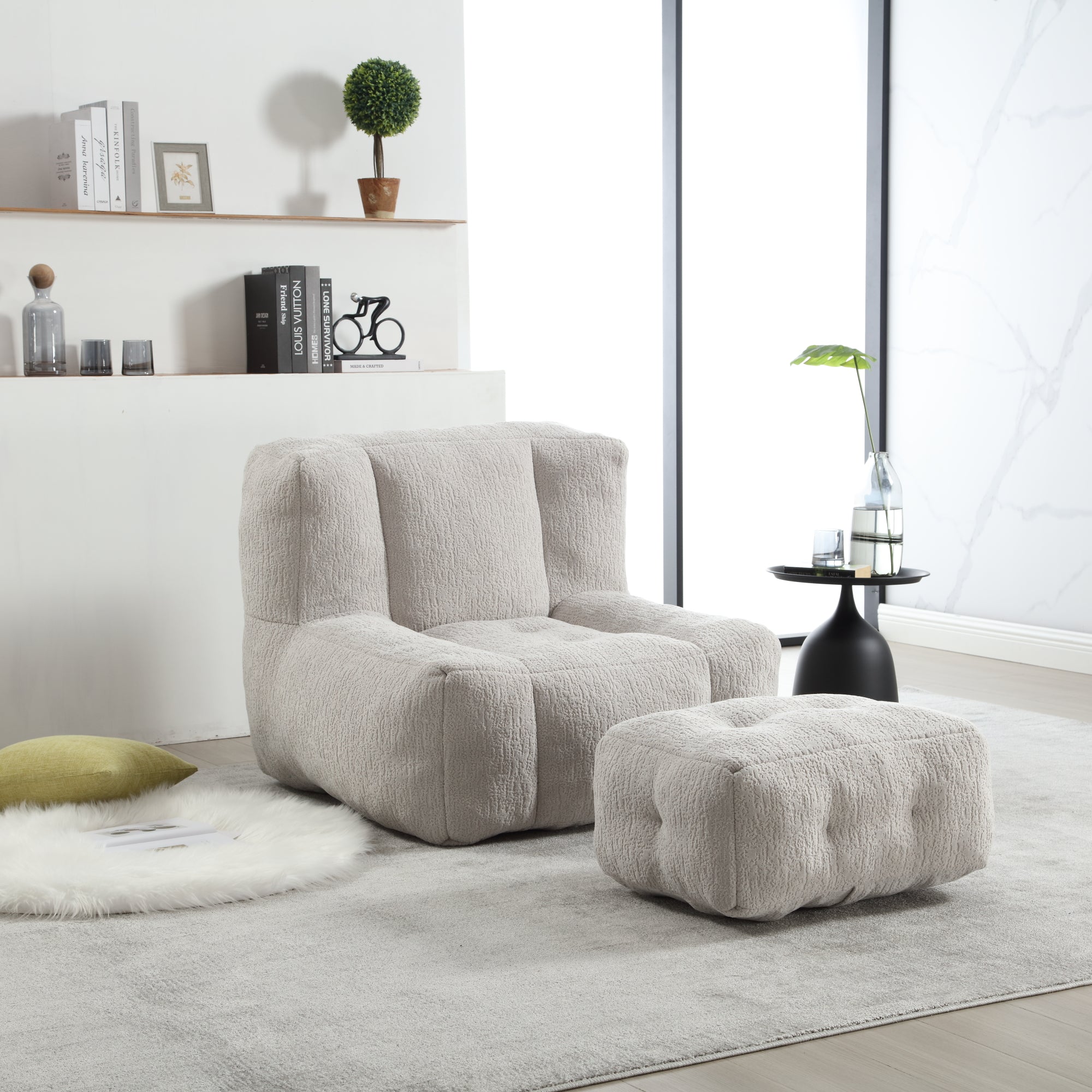 Fluffy Bean Bag Chair & Footstool w/ Memory Foam (Gray)