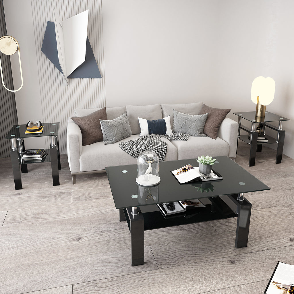 Set of 2, Modern Tempered Glass Coffee Table (Black)