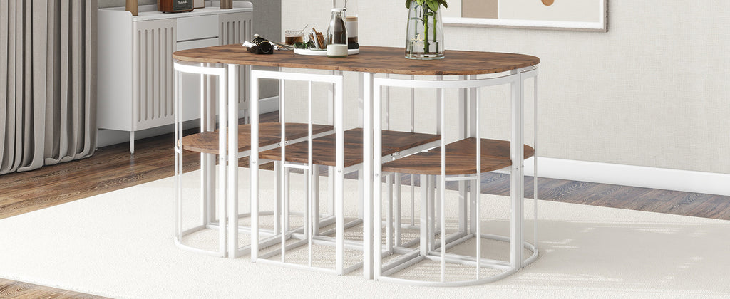 Modern 7-Piece Dining Table Set with Faux Marble (White/Cherry)