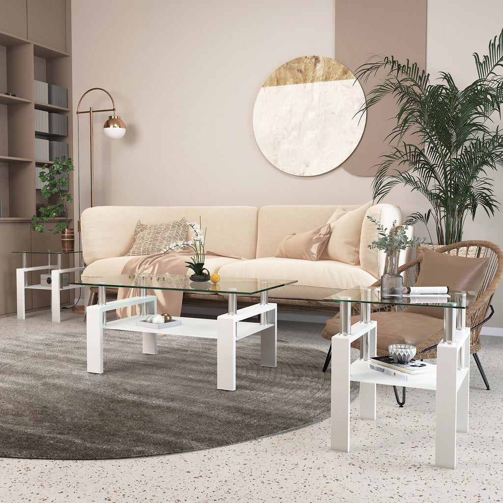 Set of 2, Modern Tempered Glass Coffee Table (White)