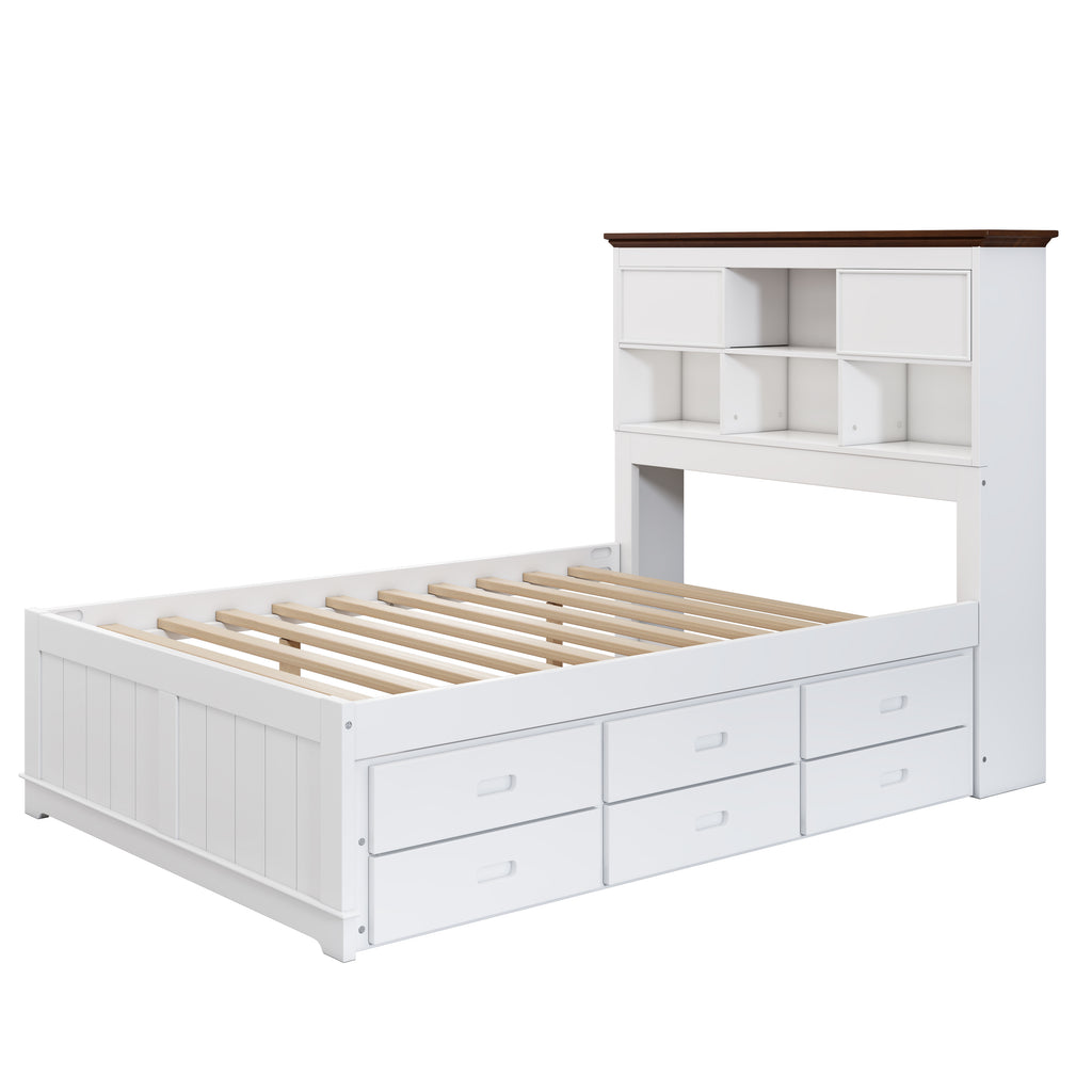 Solid Pine Twin Captain Bookcase Bed w/ Trundle Bed & 3 Drawers in Casual (White+Walnut)