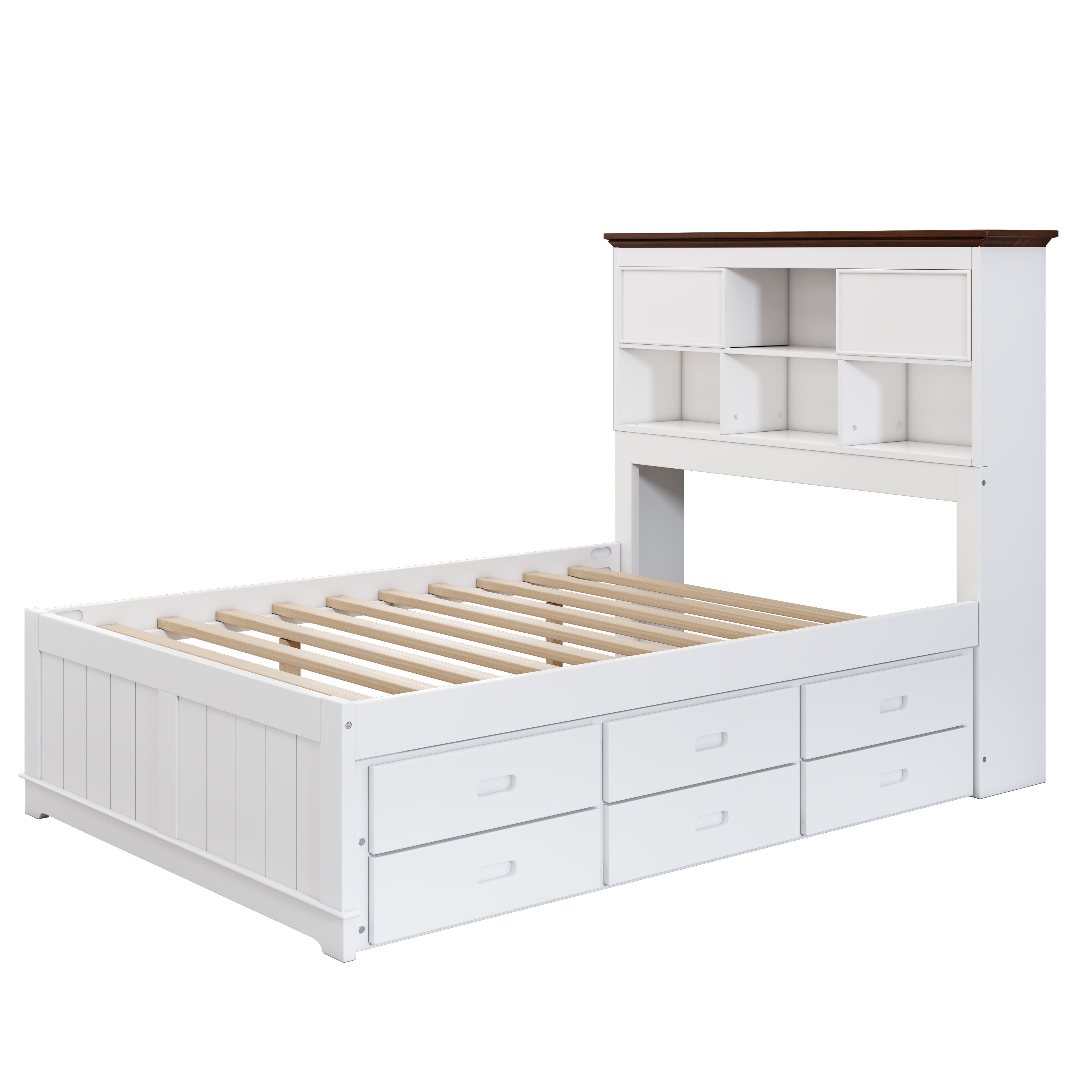Solid Pine Twin Captain Bookcase Bed w/ Trundle Bed & 3 Drawers in Casual (White+Walnut)