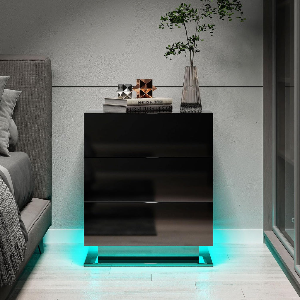 Modern LED Nightstand w/ 3 Drawers (Black)