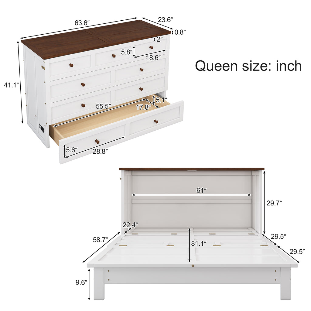 Solid Pine Murphy Bed Chest with Charging Station and Large Storage Drawer