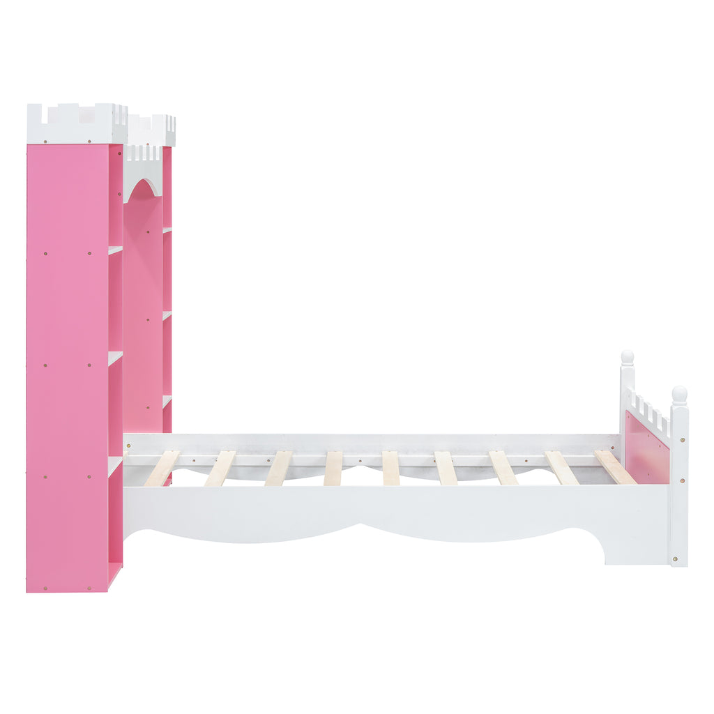 Castle-Shaped Wooden Bed w/ Storage Shelf (Pink)