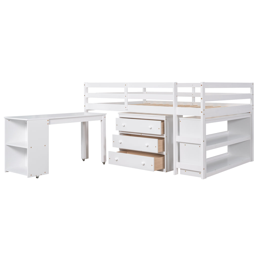 Low Study Full Loft Bed w/ Cabinet Shelves & Desk (White)