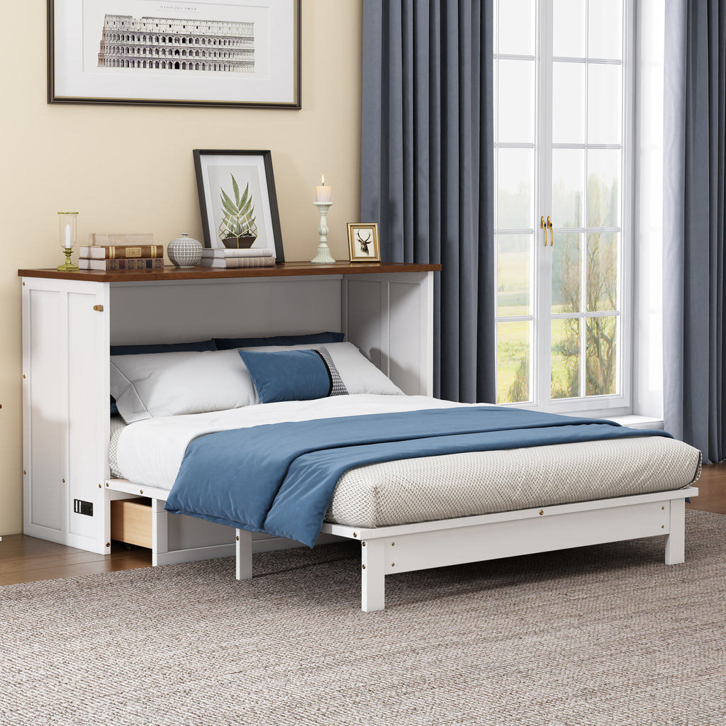 Solid Pine Murphy Bed Chest with Charging Station and Large Storage Drawer