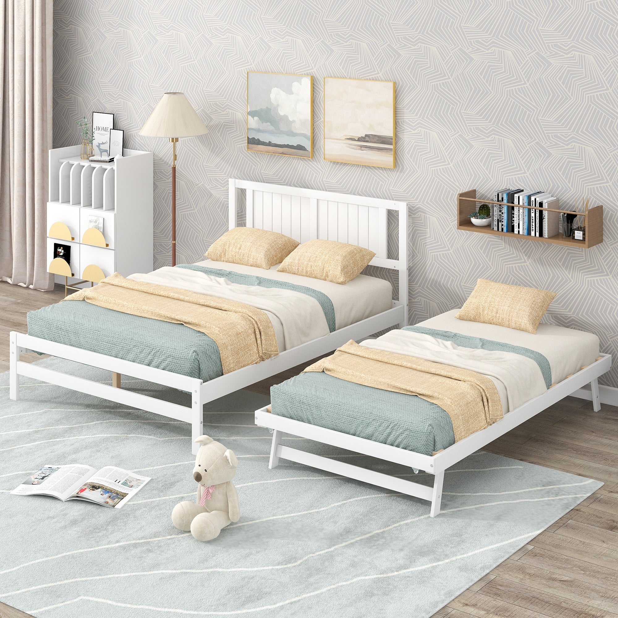 Full Size Platform Bed with Adjustable Trundle (White)