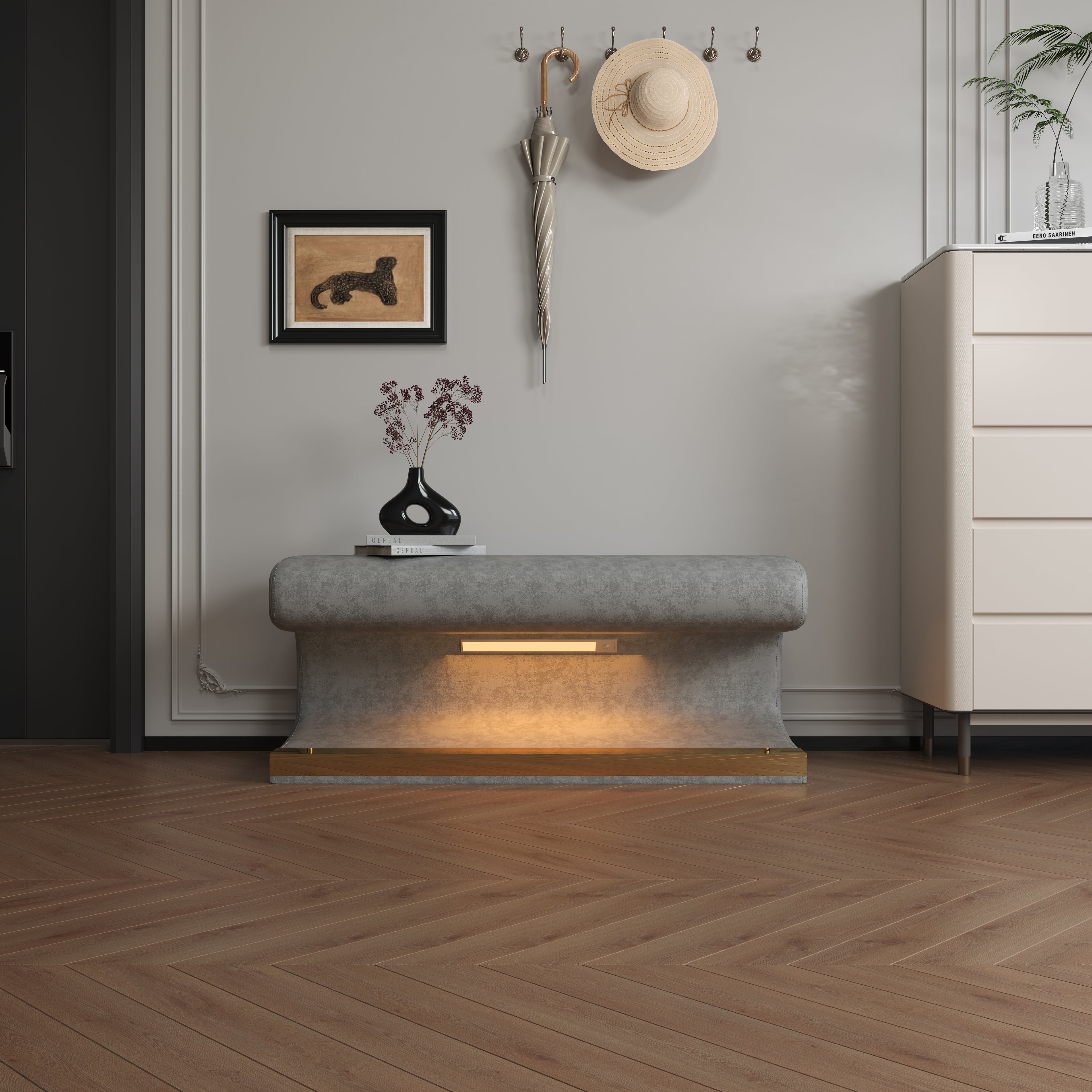 Entryway Bench Leather Ottoman w/ LED Sensor Light (Gray)