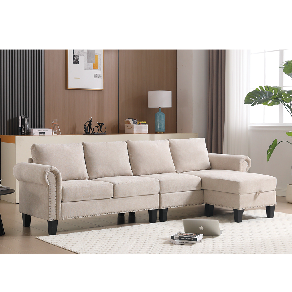 Convertible L-shaped Sectional w/ Storage (Beige)