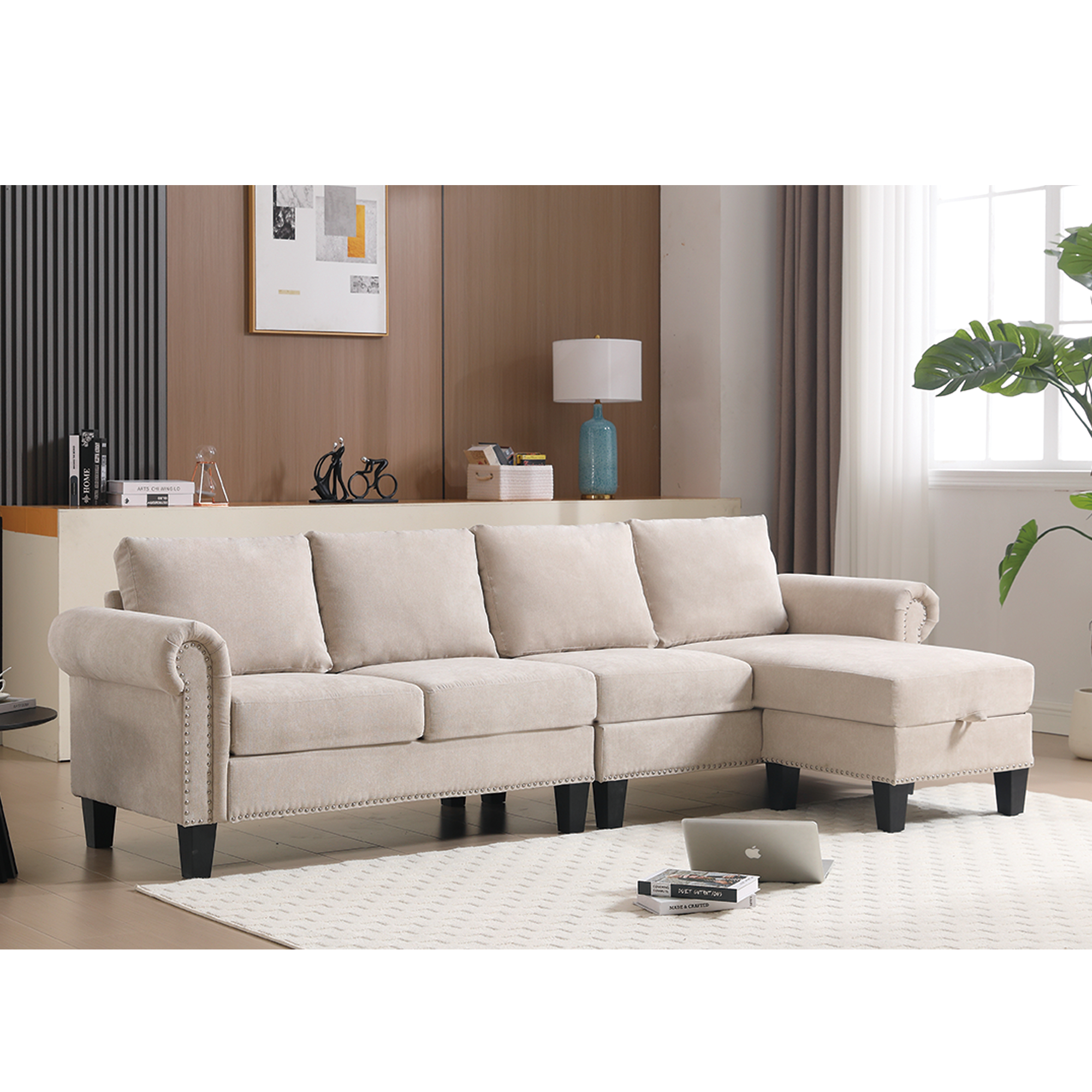 Convertible L-shaped Sectional w/ Storage (Beige)
