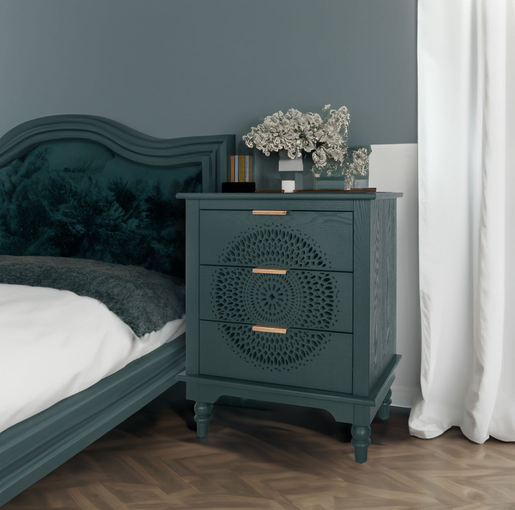 Hollow-Carved 3 Drawer Dresser Chest (Blackish Green)