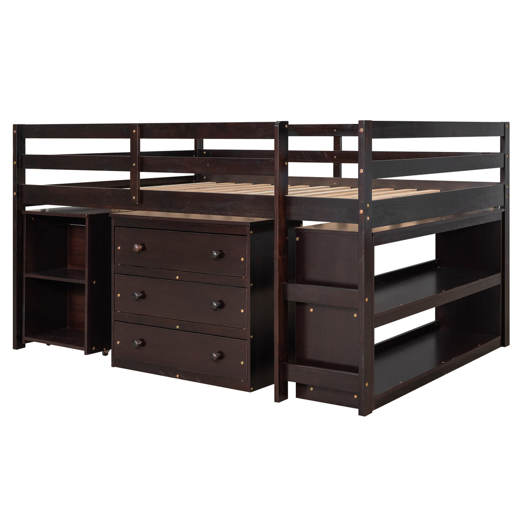 Low Study Full Loft Bed w/ Cabinet Shelves & Desk (Espresso)