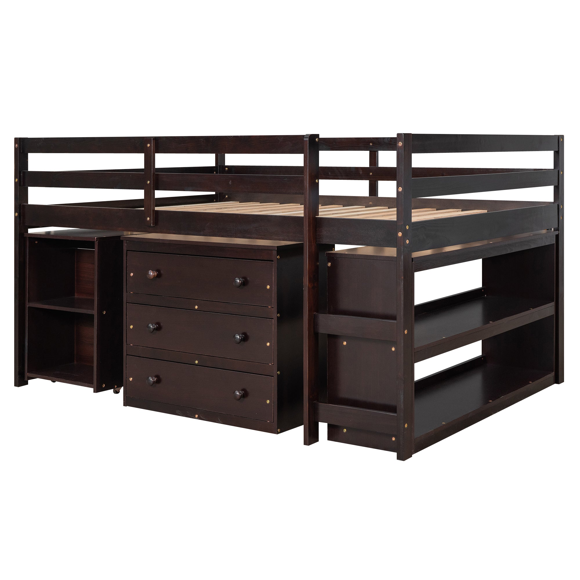 Low Study Full Loft Bed w/ Cabinet Shelves & Desk (Espresso)