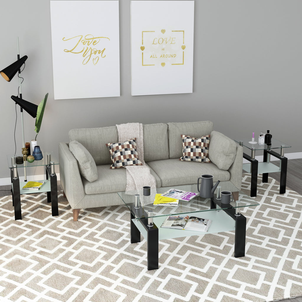 Set of 2, Modern Tempered Glass Coffee Table (Black)