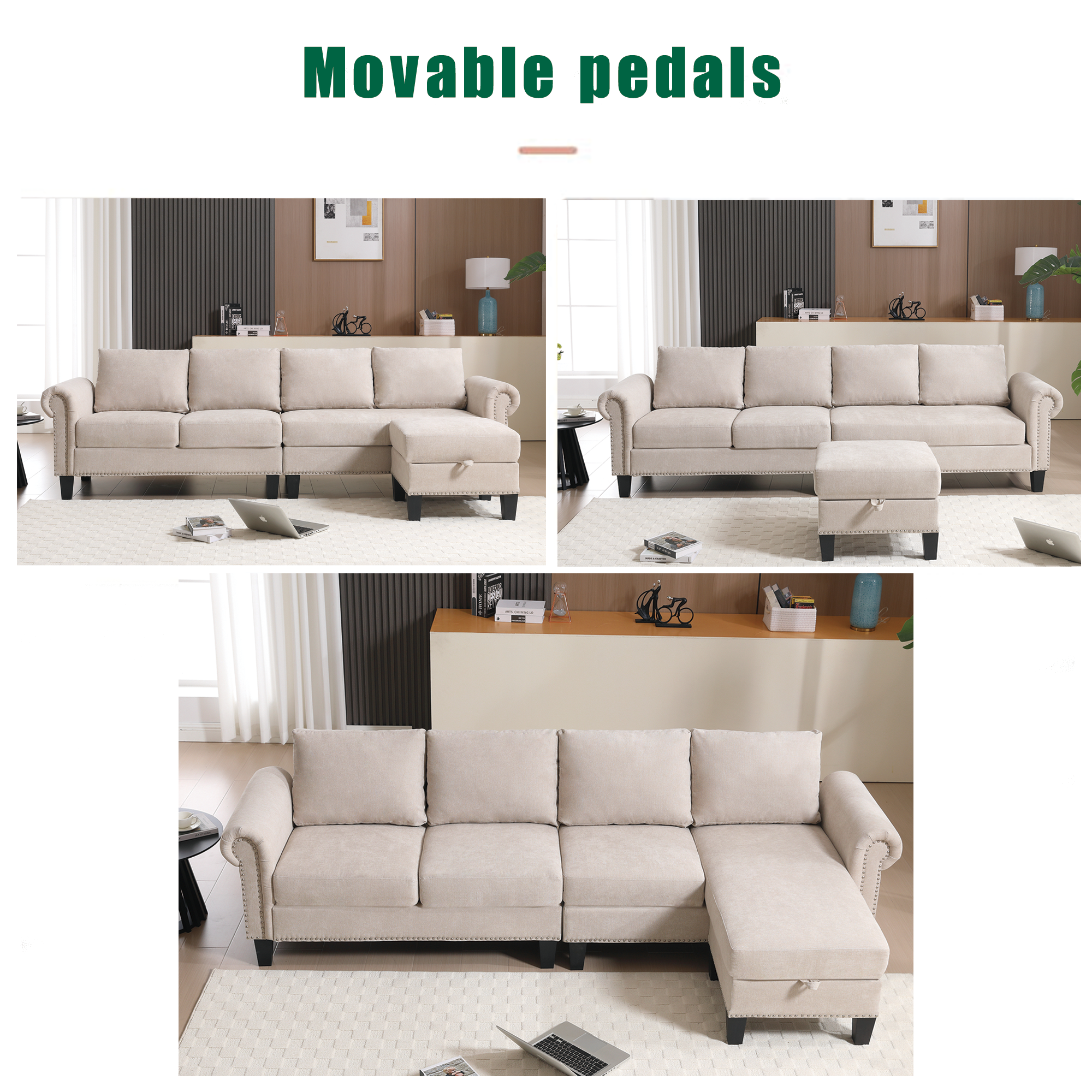 Convertible L-shaped Sectional w/ Storage (Beige)