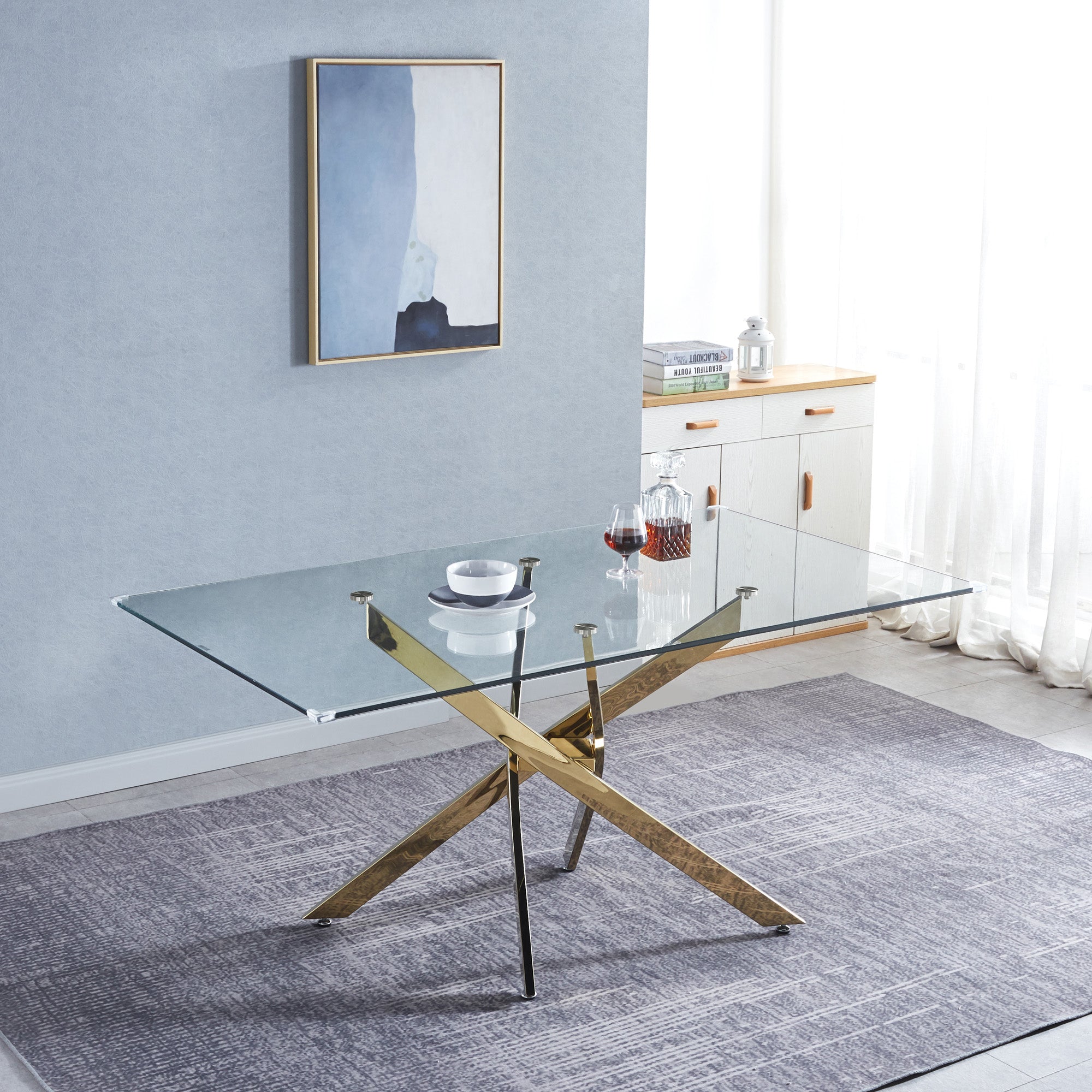Modern Rectangular Tempered Glass Dining Table (Gold)
