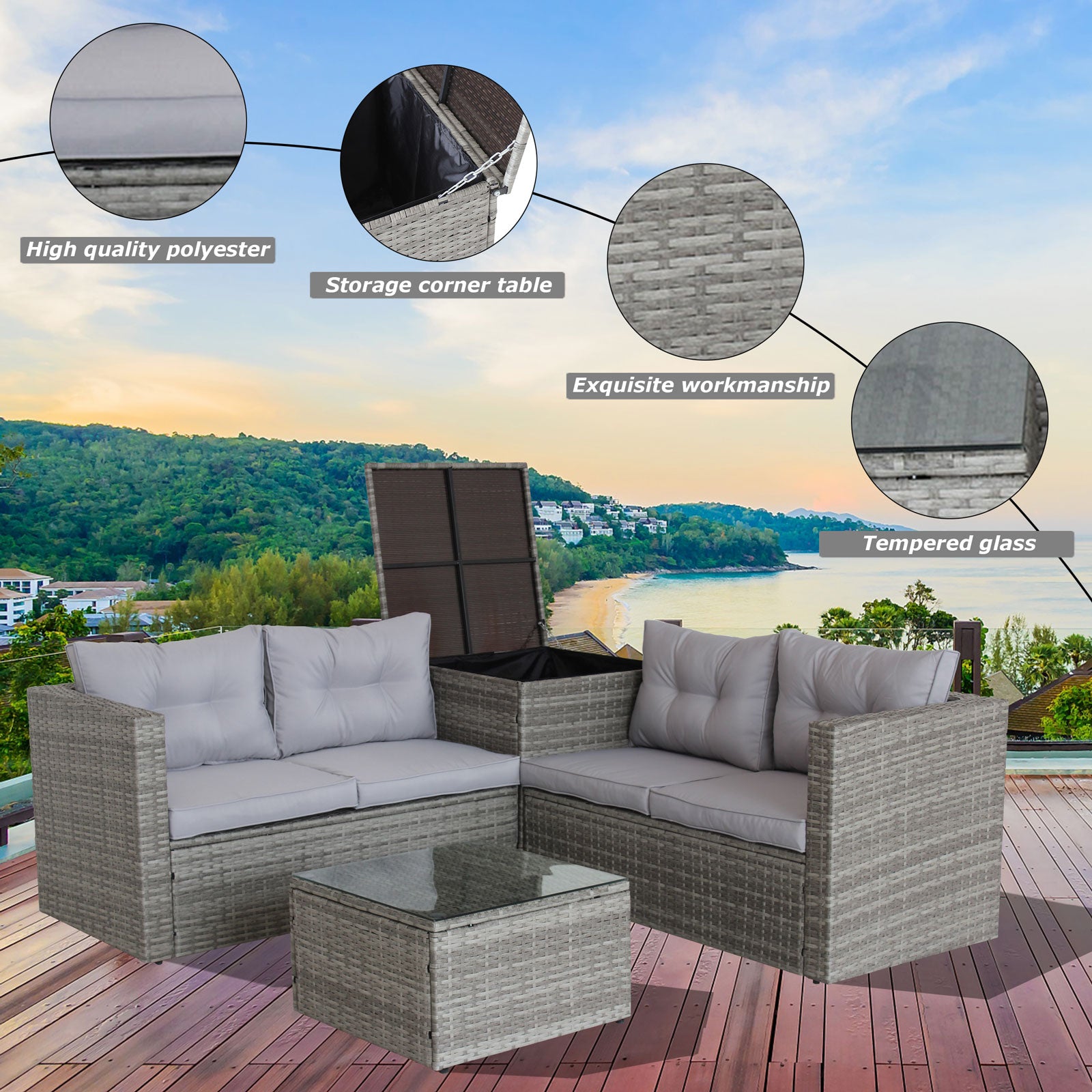 4 Piece Sectional, Wicker Rattan Outdoor Patio Furniture (Gray)