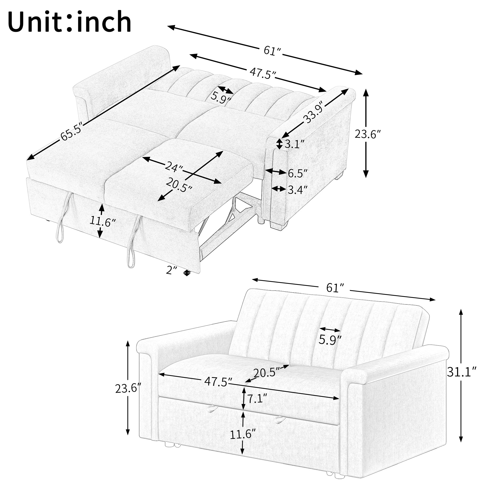 U_STYLE Convertible Sofa Bed (Gray)