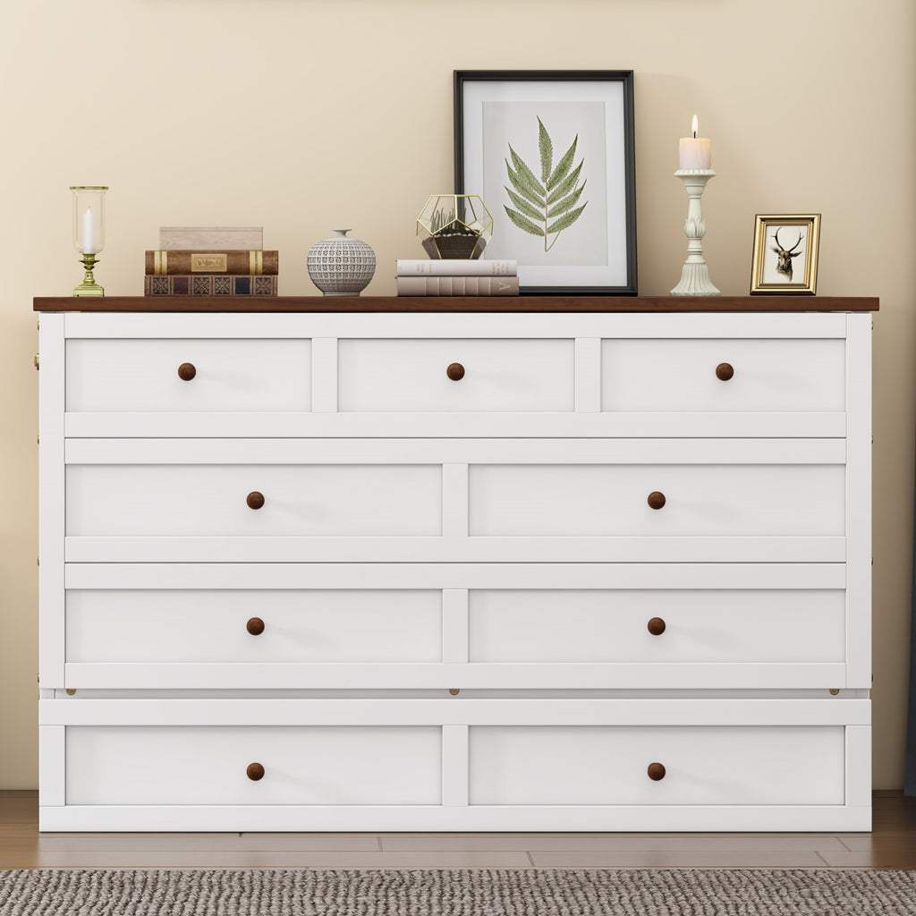 Solid Pine Murphy Bed Chest with Charging Station and Large Storage Drawer