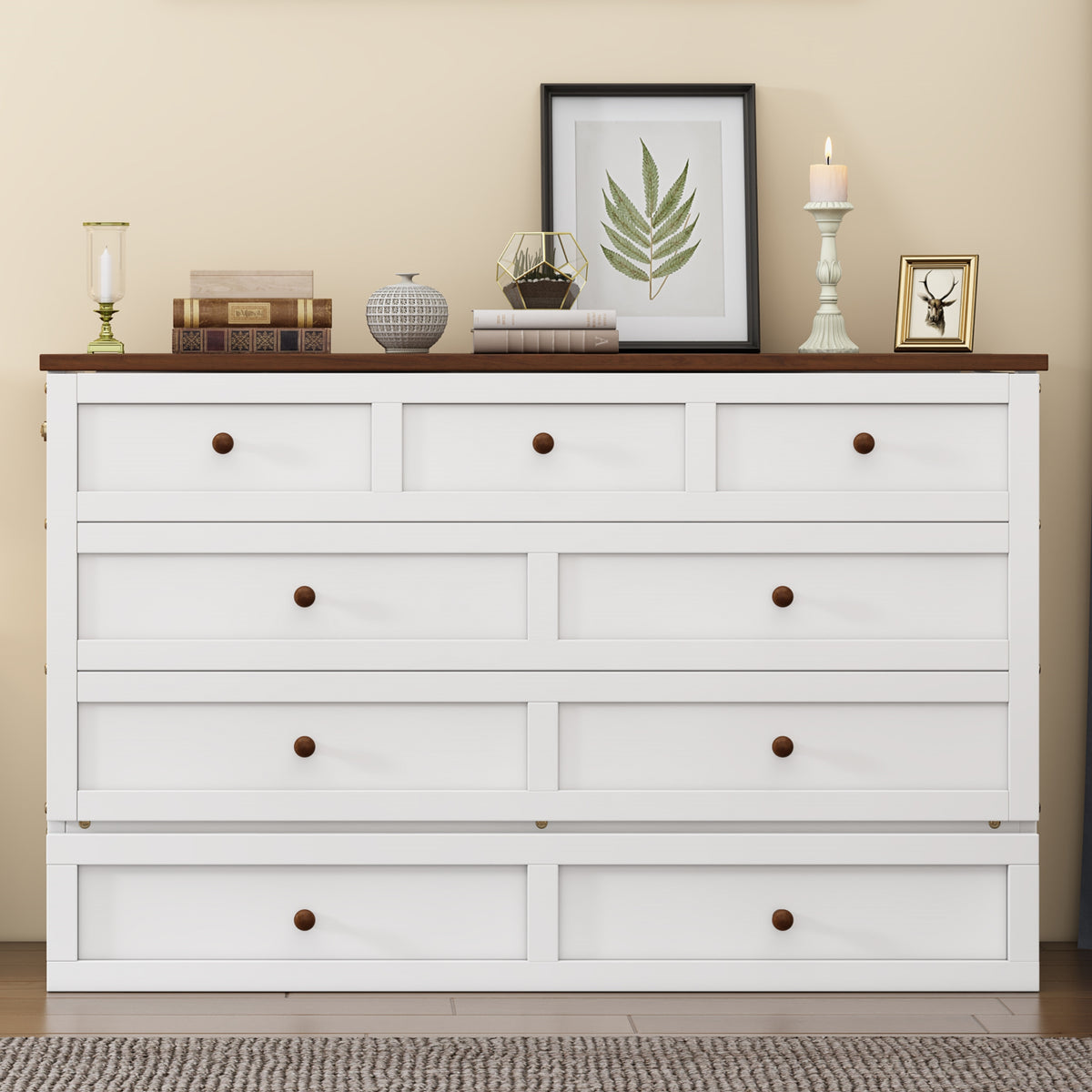 Solid Pine Murphy Bed Chest with Charging Station and Large Storage Drawer